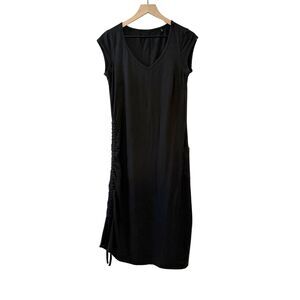 Toad&Co Black Muse Dress Cap Sleeve Ruched Side V Neck Organic Cotton Blend Sz M